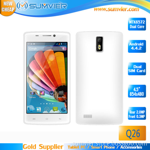 Cheapest 3G 4.5inch Mobile Mtk6572 Dual Core 854X480 512MB+4G Android Smart Phone (Q26)